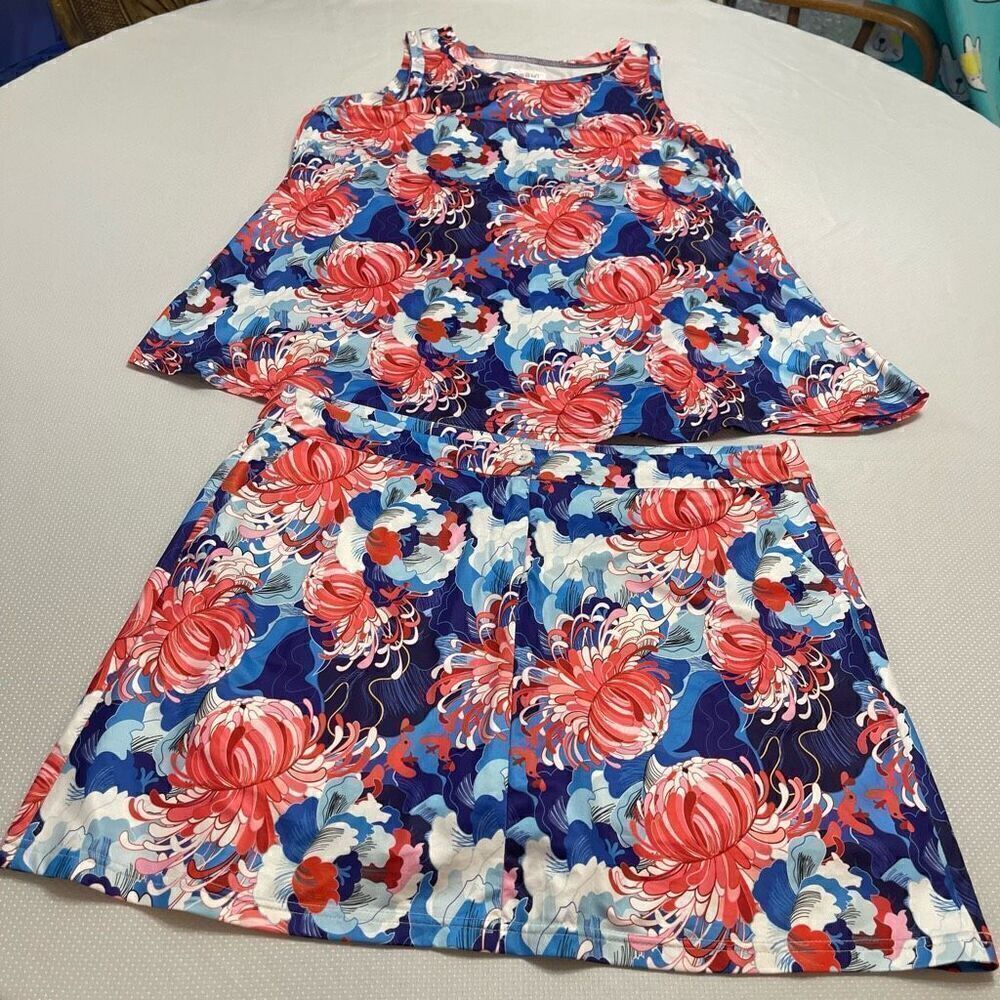 Top It Off Red White Blue Floral Skort Skirt 2 Piece Set Sz Small Top XL Bottom
